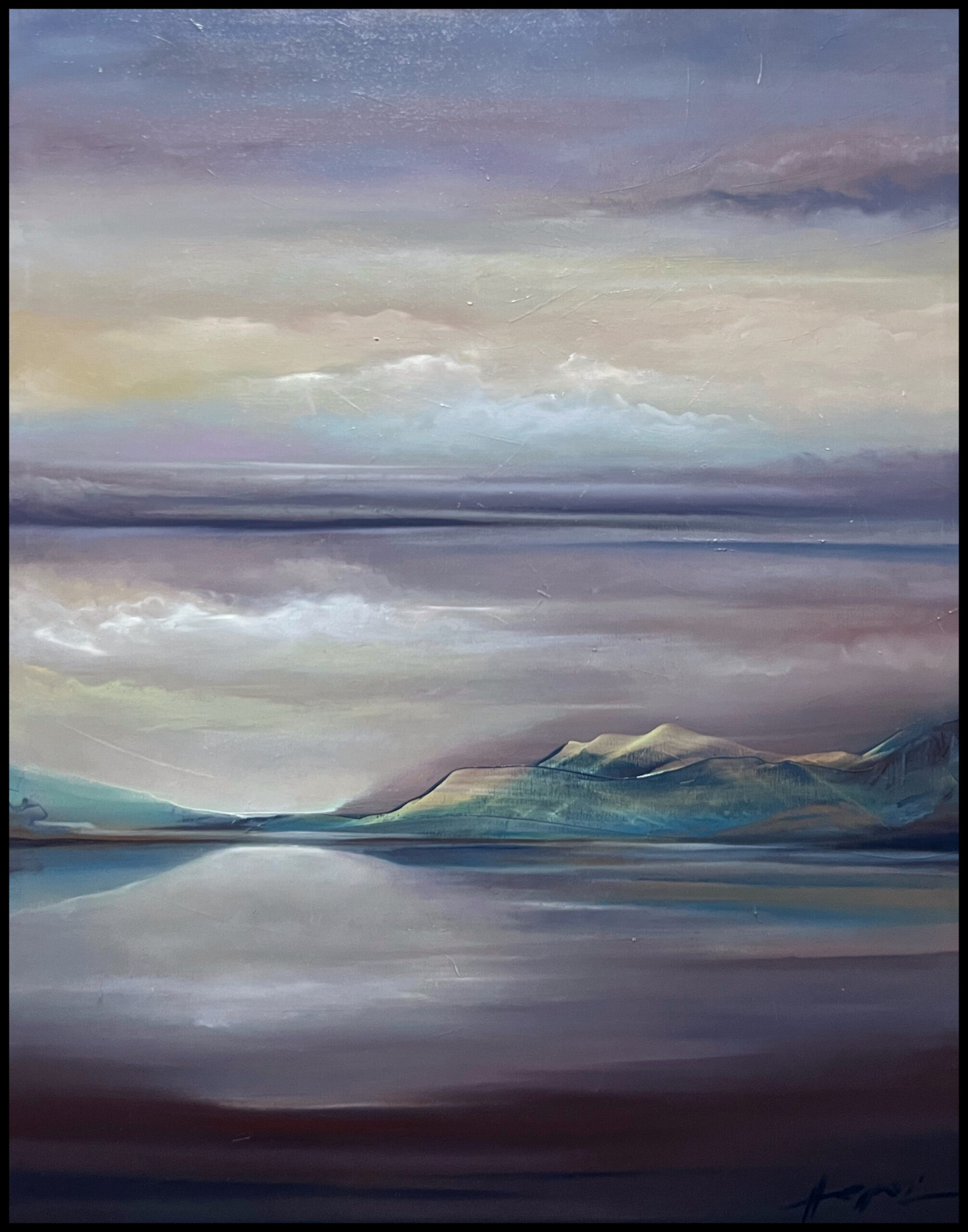Wonderland – abstract landscape oil painting with soft earthy tones and reflective water. A serene, contemporary artwork evoking tranquility and depth
